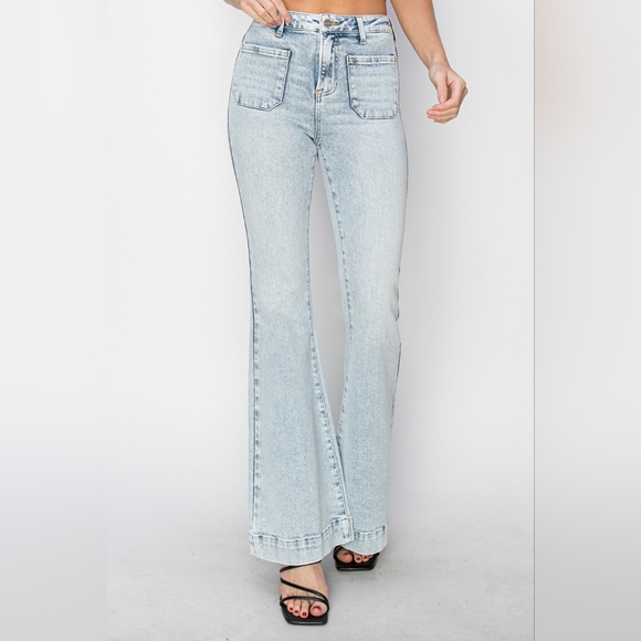 RISEN High-Rise Waist Slim Jeans Flare Hem Retro 90s Patch Pocket Denim Pants - Picture 6 of 16